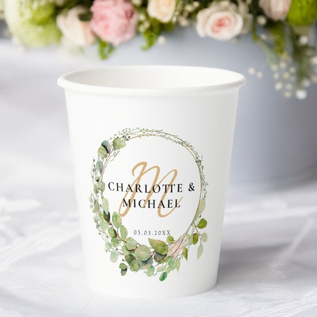Simple, elegant, monogram eucalyptus weddi Sticker Paper Cups (Simple, elegant, monogram eucalyptus wedding paper cups with your names & date.)