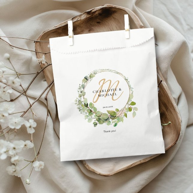 Simple, elegant, monogram eucalyptus wedding   favor bag (Simple, elegant, monogram eucalyptus "Thank You!" wedding favor bag with your name and bag.)