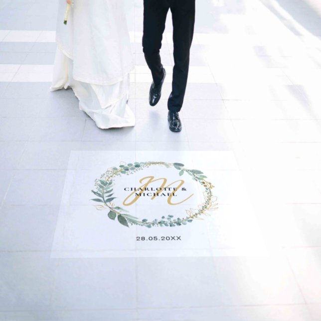 Simple, elegant, monogram eucalyptus wedding floor decals (Wedding)