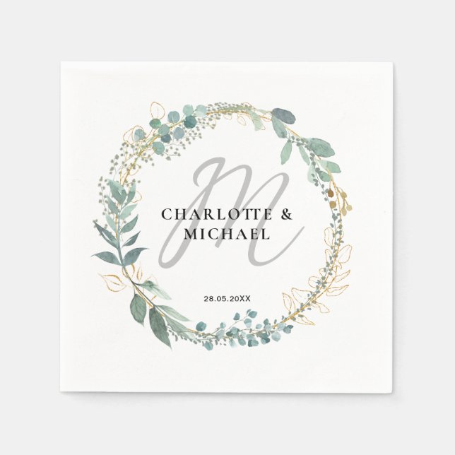 Simple, elegant, monogram eucalyptus wedding  napkins (Front)