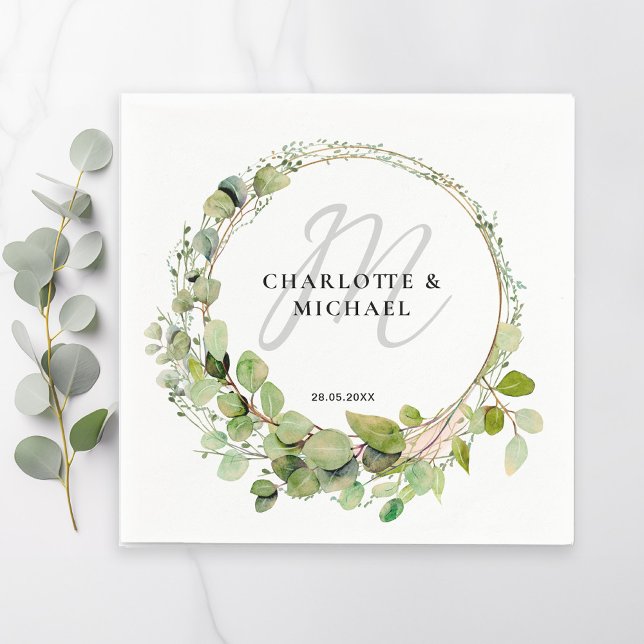 Simple, elegant, monogram eucalyptus wedding napkins (Creator Uploaded)