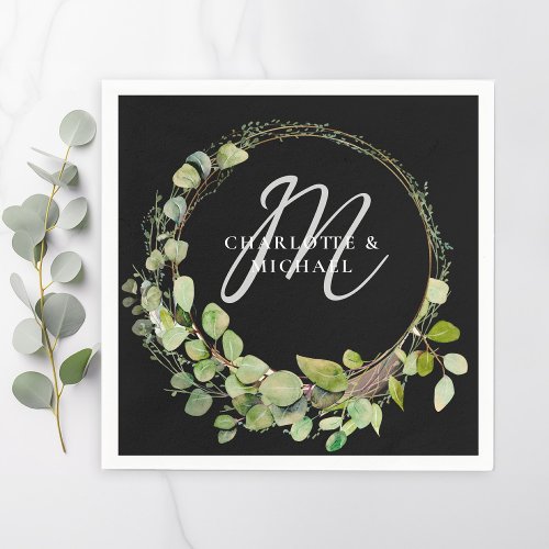 Simple elegant monogram eucalyptus wedding  napkins