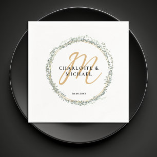 Simple, elegant, monogram eucalyptus wedding napkins