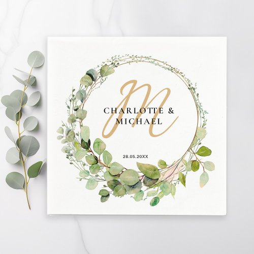 Simple elegant monogram eucalyptus wedding   napkins