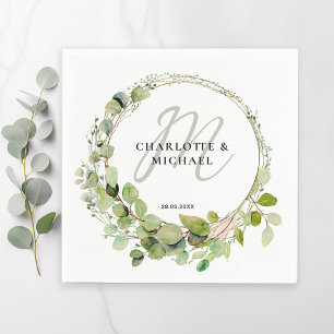 Simple, elegant, monogram eucalyptus wedding napkins