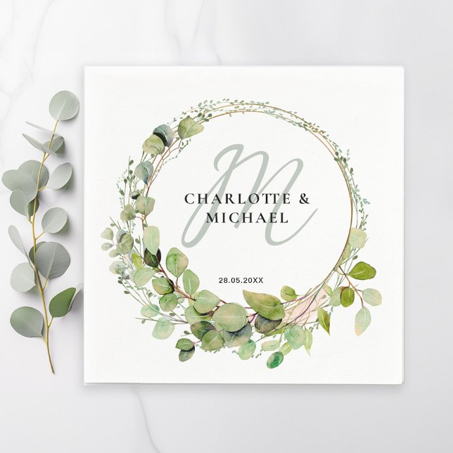 Simple, elegant, monogram eucalyptus wedding  napkins (Creator Uploaded)