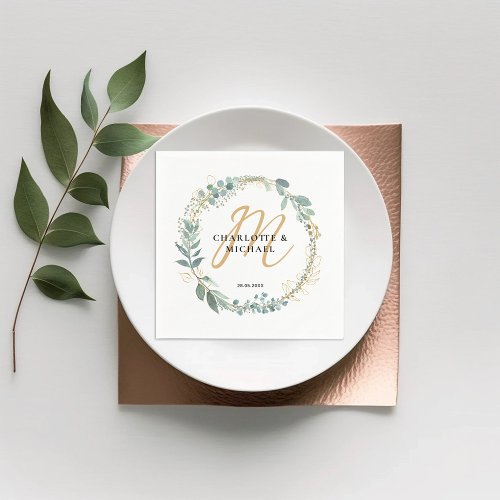Simple elegant monogram eucalyptus wedding  napkins