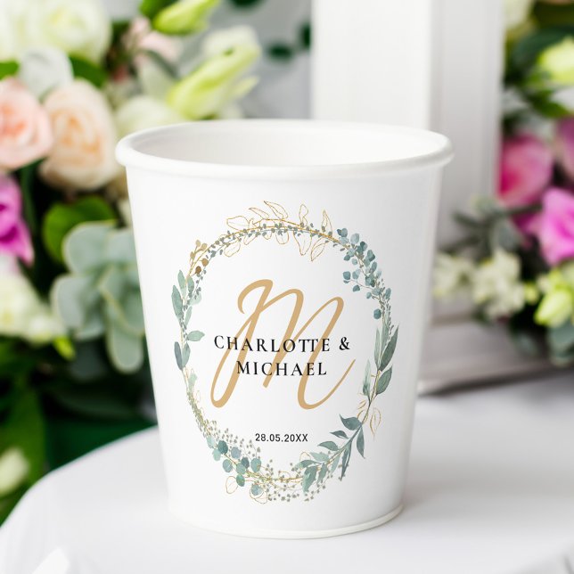 Simple, elegant, monogram, eucalyptus wedding paper cups (Simple, elegant, monogram, eucalyptus wedding paper cups with your monogram, names and date.)