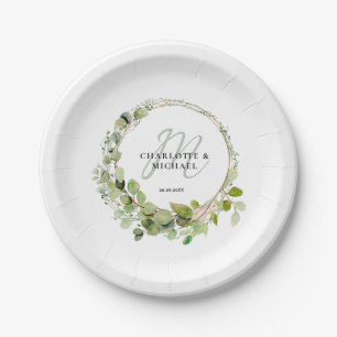 Simple, elegant, monogram eucalyptus wedding  paper plates