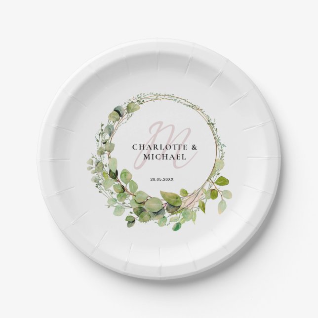 Simple, elegant, monogram eucalyptus wedding  paper plates (Front)
