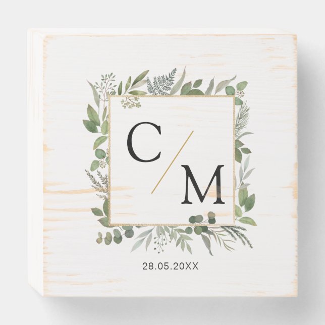 Simple, elegant, monogram, eucalyptus wedding wooden box sign (Front Horizontal)