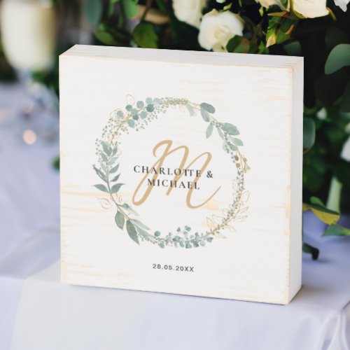 Simple elegant monogram eucalyptus wedding wooden box sign