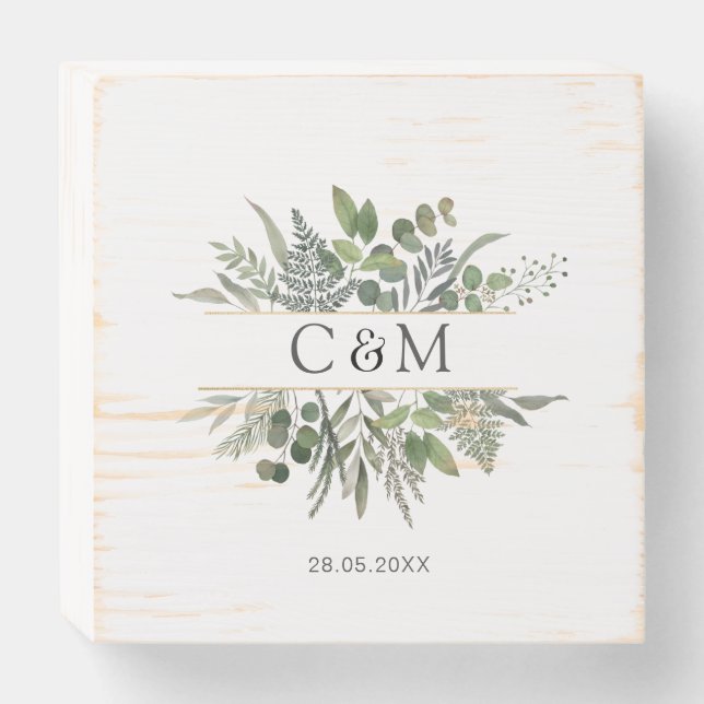 Simple, elegant, monogram, eucalyptus wedding wooden box sign (Front Horizontal)