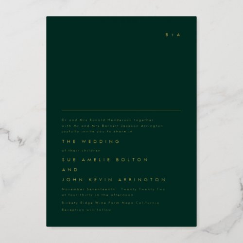 Simple Elegant Monogram Gold  Emerald Green Foil Invitation