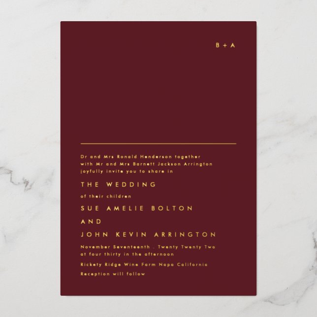Simple Elegant Monogram Gold | Maroon Burgundy Foil Invitation (Front)