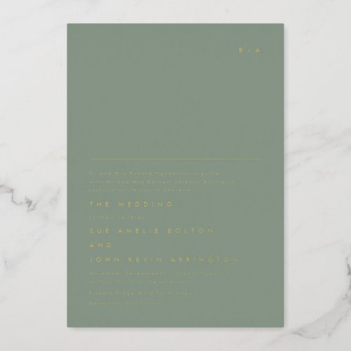 Simple Elegant Monogram Gold  Moss Green Foil Invitation