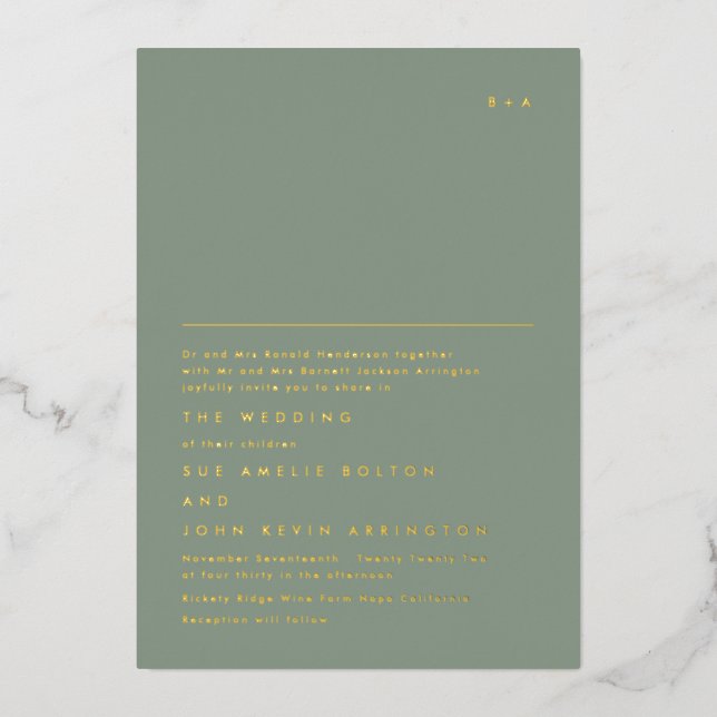Simple Elegant Monogram Gold | Moss Green Foil Invitation (Front)
