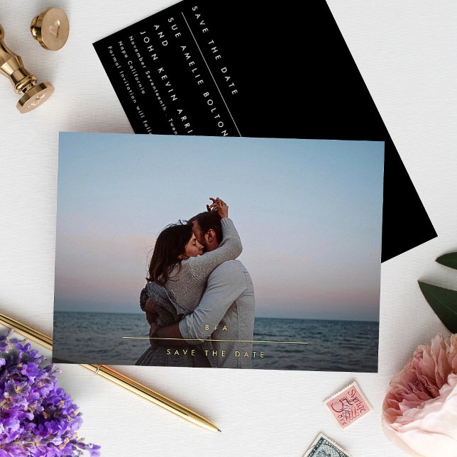 Simple Elegant Monogram Gold Photo Save The Date Foil Invitation (Creator Uploaded)