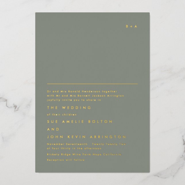 Simple Elegant Monogram Gold | Sage Green Foil Foil Invitation (Front)