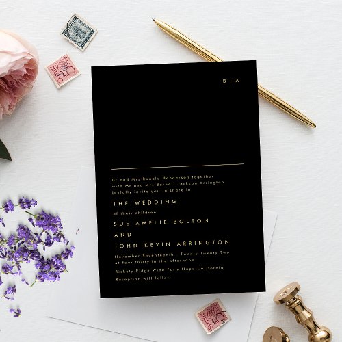 Simple Elegant Monogram Gold Text Wedding on Black Foil Invitation