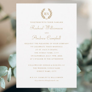 Simple Elegant Monogram Gold White Wedding Invitation