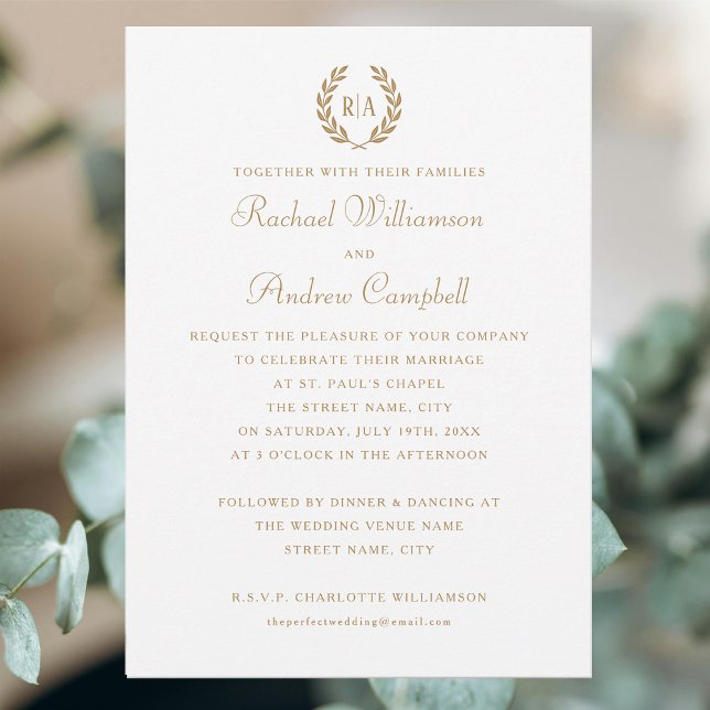 Simple Elegant Monogram Gold White Wedding Invitation (Creator Uploaded)