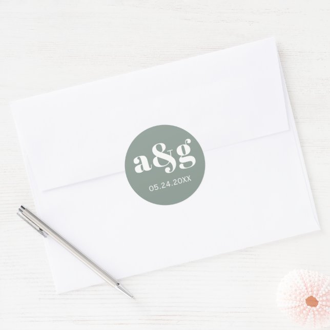 Simple, elegant monogram gray wedding classic round sticker (Envelope)