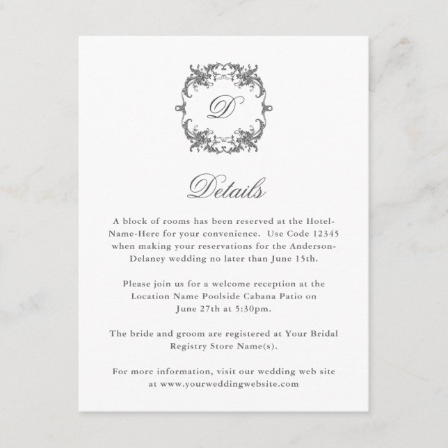Simple Elegant Monogram in Baroque Frame Details Enclosure Card (Front)