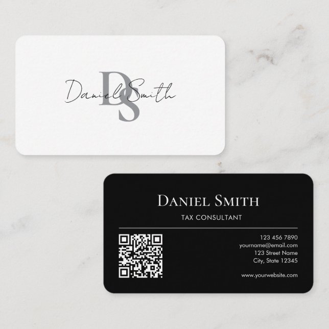 Simple Elegant Monogram Initial QRcode Black White Business Card (Front/Back)