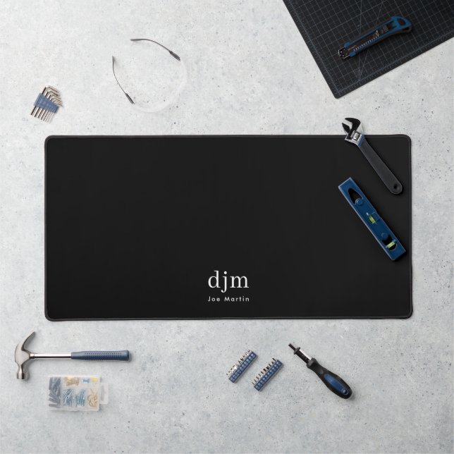 Simple Elegant Monogram Minimalist Black and White Desk Mat (Workstation)