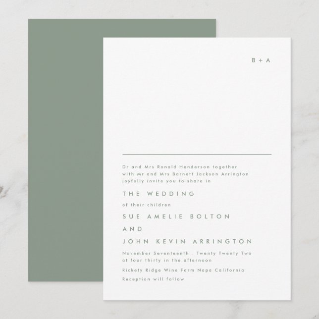 Simple Elegant Monogram Moss Green Wedding Invitation (Front/Back)