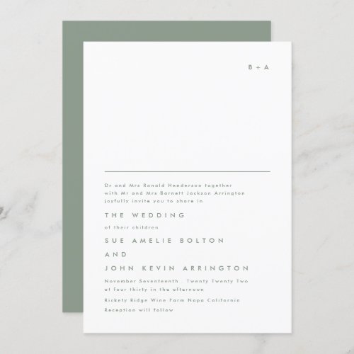 Simple Elegant Monogram Moss Green Wedding Invitation