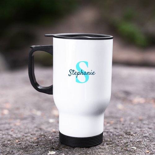 Simple Elegant Monogram Name Aqua Blue Travel Mug