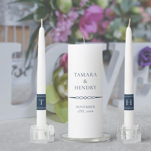 Simple Elegant Monogram Navy Blue White Wedding Unity Candle Set