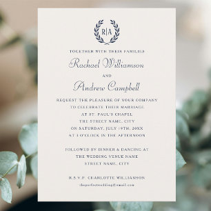 Simple Elegant Monogram Navy Cream Wedding Invitation