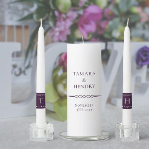 Simple Elegant Monogram Purple White Wedding Unity Candle Set