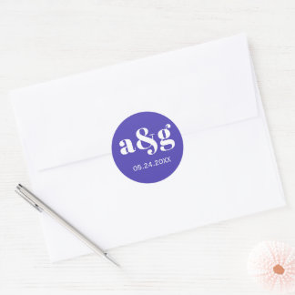 Simple, elegant monogram purplish blue wedding  classic round sticker