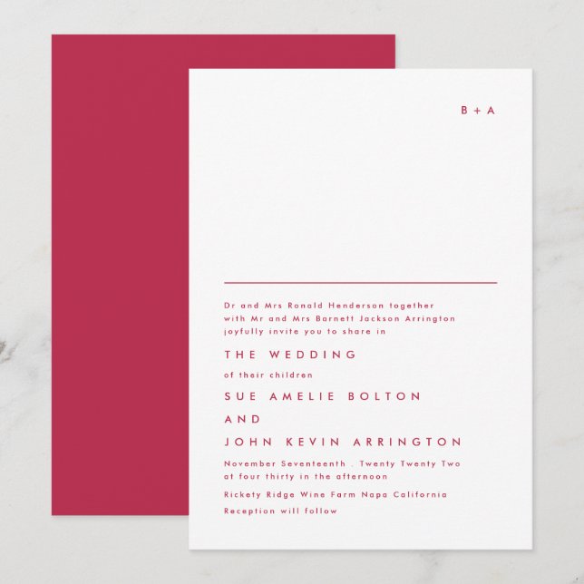 Simple Elegant Monogram Red Magenta Invitation (Front/Back)