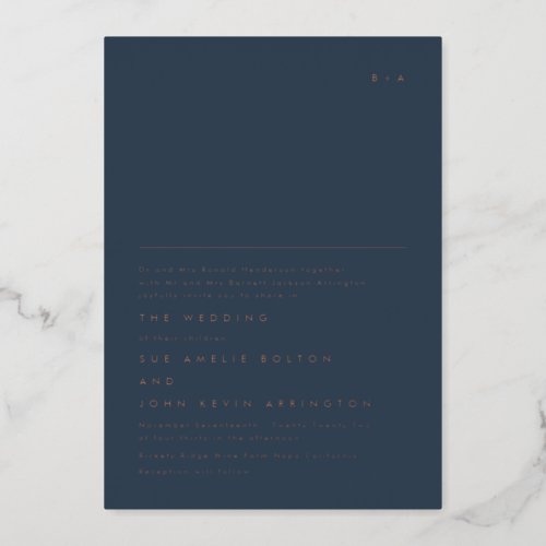 Simple Elegant Monogram Rose Gold  Navy Blue Foil Invitation