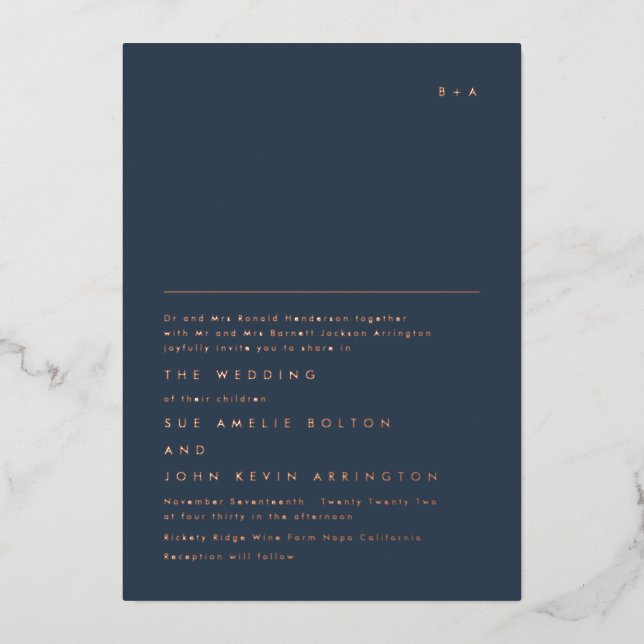 Simple Elegant Monogram Rose Gold | Navy Blue Foil Invitation (Front)