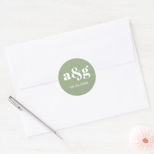 Simple elegant monogram sage green wedding classic round sticker