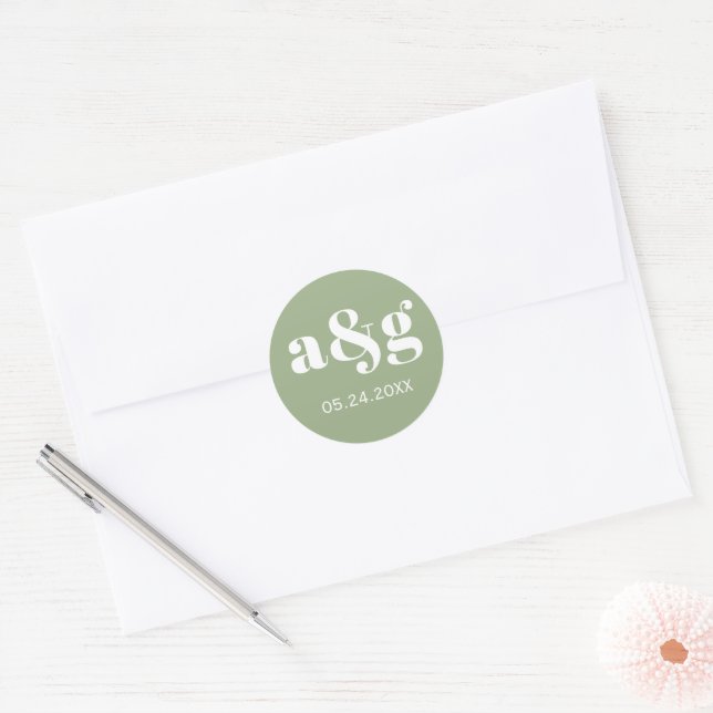 Simple, elegant monogram sage green wedding classic round sticker (Envelope)
