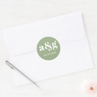 Simple, elegant monogram sage green wedding classic round sticker