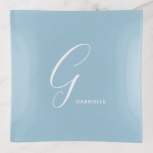 Simple Elegant Monogram Script Letter G Soft Blue Trinket Tray