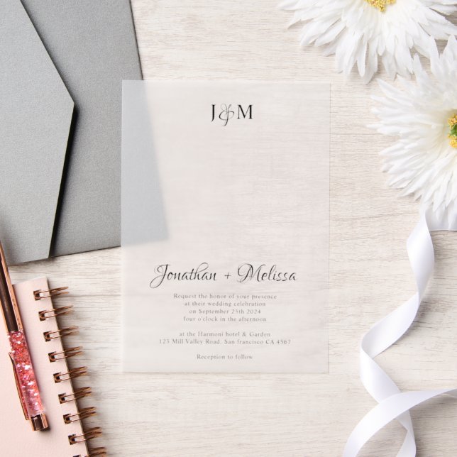 Simple Elegant Monogram & Script Overlay Wedding Vellum Invitations (Wedding)