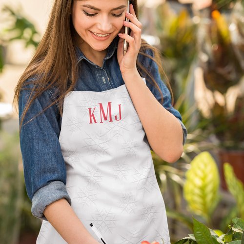 Simple Elegant Monogram Silver Winter Snowflakes  Apron