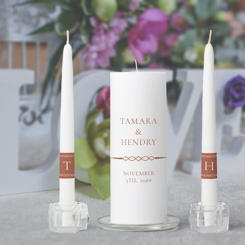 Simple Elegant Monogram Terracotta White Wedding Unity Candle Set