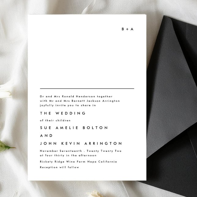 Simple Elegant Monogram Text Black White Wedding Invitation (Creator Uploaded)
