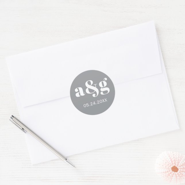 Simple, elegant monogram ultimate gray wedding classic round sticker (Envelope)