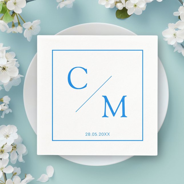 Simple Elegant Monogram White Blue Napkins (Personalized Simple Elegant Monogram Napkin)